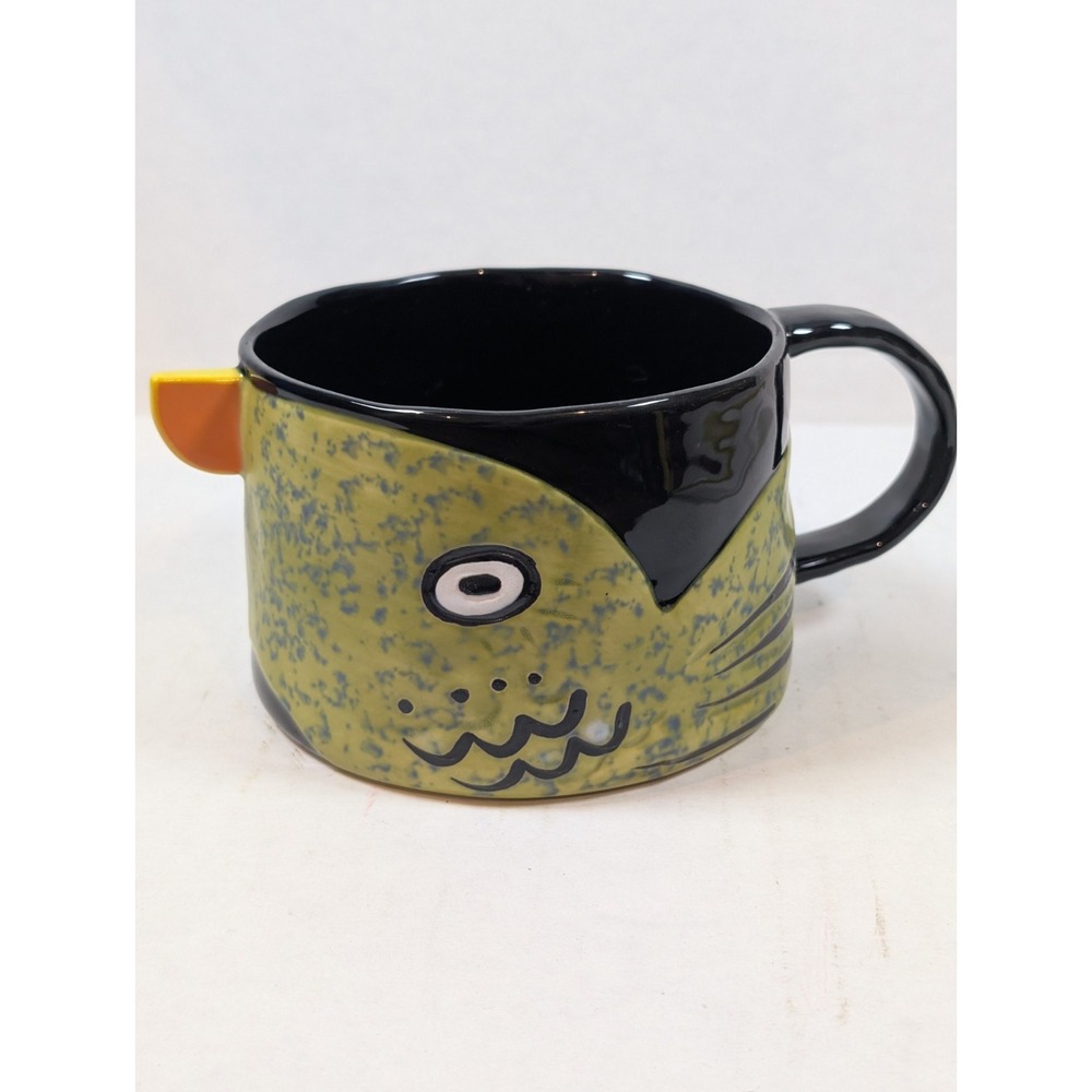 Anthropologie Bird Mug Speckled Yellow Black Ceramic Hand Painted Whimsical 4"
